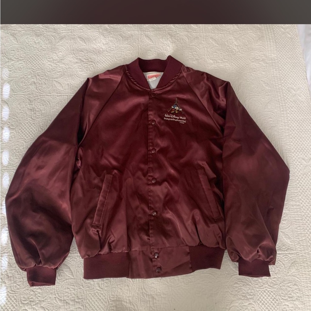 90s Disney Engineering Maroon Satin Bomber Jacket with Subtle Embroidered Crest